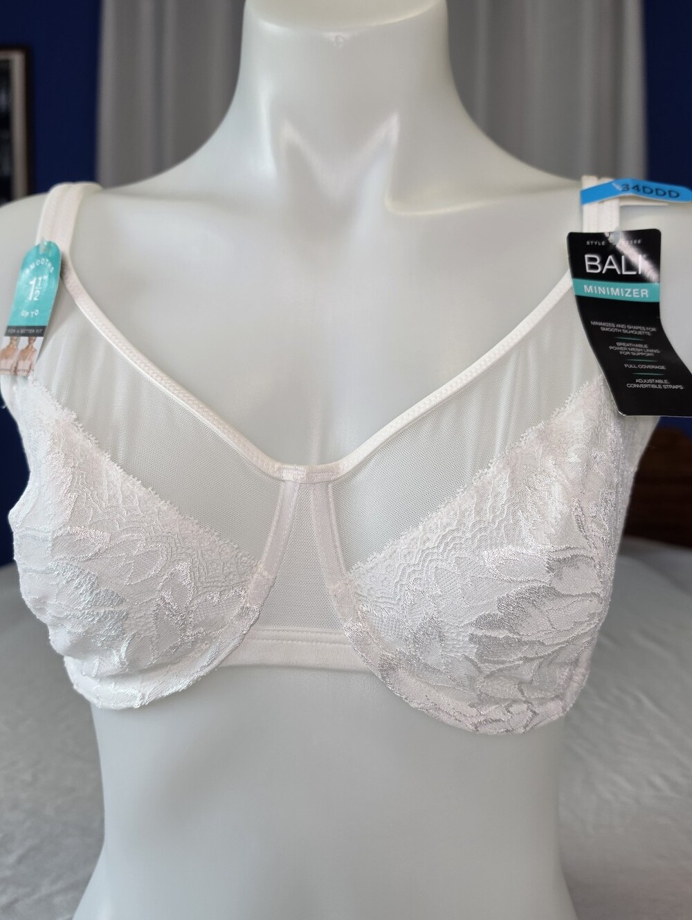 BALI One Smooth U Lightweight Lace Underwire White Minimizer Bra 34DDD NWT $48